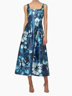 Kay Unger Blue Floral Midi Dress with Scoop Neck